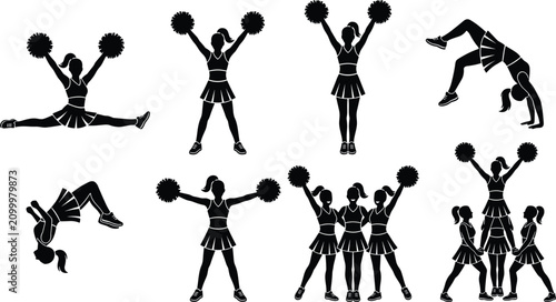 Foto Cheerleader silhouettes set with girls dancing holding pom poms performing flips
