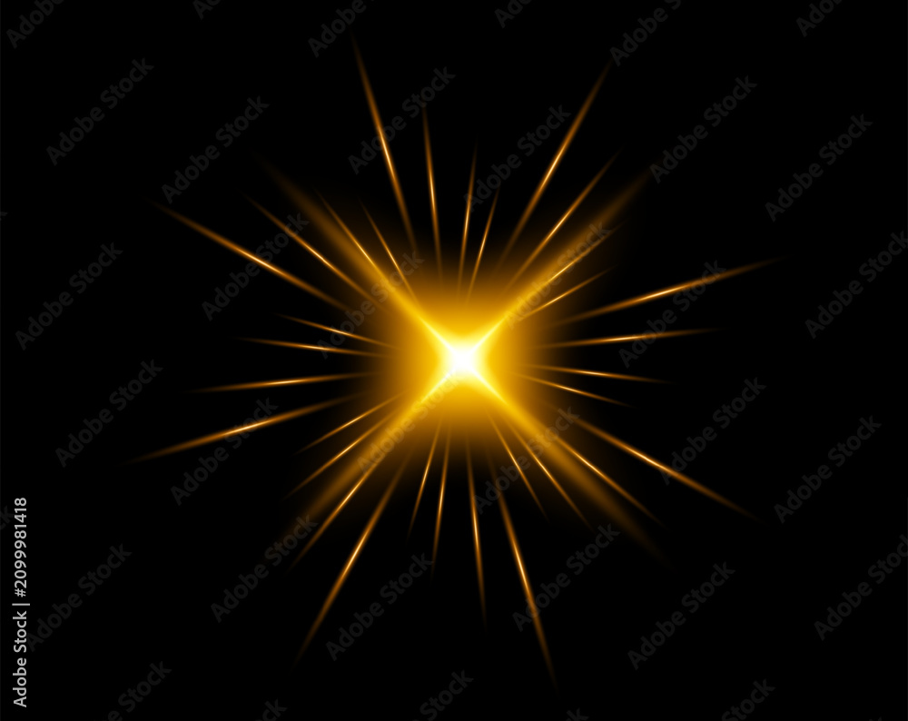 Fototapeta premium Golden glowing starburst with radiant light rays isolated on black background.
