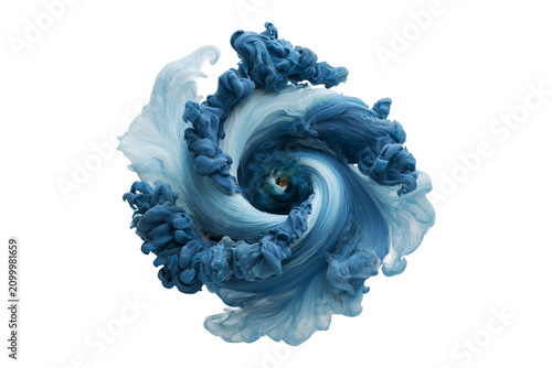 Blue ink splash cloud swirling underwater isolated on white background, abstract fluid art concept