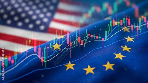 United States and European Union flags with financial charts, trade, economy, global market analysis