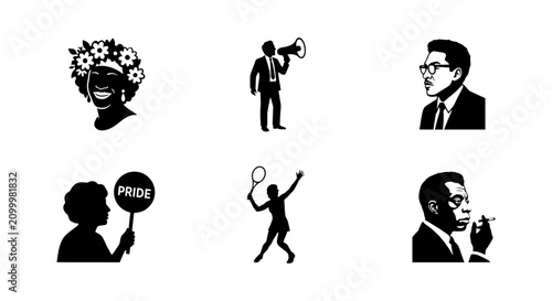 Black history icons set, civil rights movement vector silhouettes, activist and leader avatars