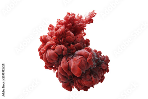 Neon red ink explosion cloud underwater isolated on white background, abstract fluid art concept