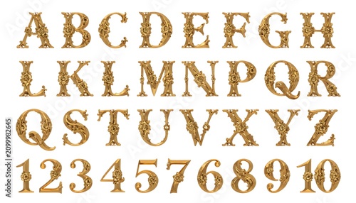 Complete alphanumeric character set in gold foil typography. Elegant uppercase, lowercase letters and numbers for branding and design projects.