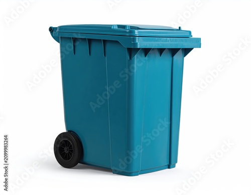 Teal wheeled refuse bin with lid, white background, outdoor storage