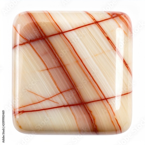 A polished, square, translucent stone with reddish-brown, linear inclusions