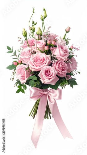 A soft pink rose bouquet with delicate greenery and a satin ribbon bow