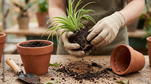 Hands planting a spider plant in soil.