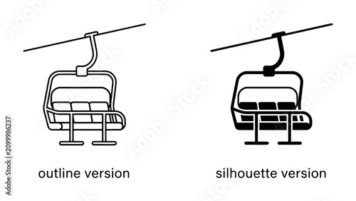 Bild auf Leinwand Ski Lift Chair: Two graphic representations of a ski lift chair, one in outline style and the other in silhouette, depict a common mode of transport for winter sports