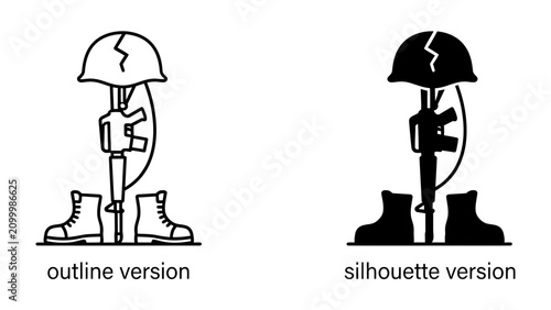 Canvas Print Fallen Hero Tribute: A solemn depiction of a soldier's memorial, featuring a helmet and boots resting on a rifle, presented in both outline and silhouette formats to honor fallen soldiers