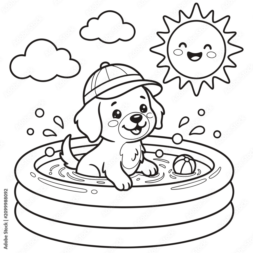 Naklejka premium Cute puppy enjoying a summer day in a paddling pool black and white colouring page illustration.