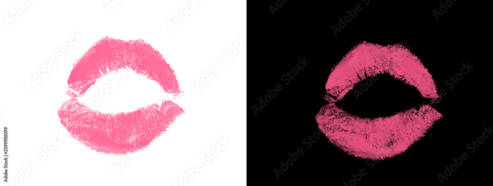 Obraz premium Bold Bright Pink Open Lip Print Kiss Mark on White and Black Background