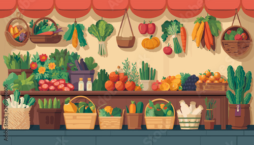 Slika na platnu A vibrant and abundant display of fresh produce, including a variety of fruits and vegetables, arranged attractively on shelves and in baskets at a market stall