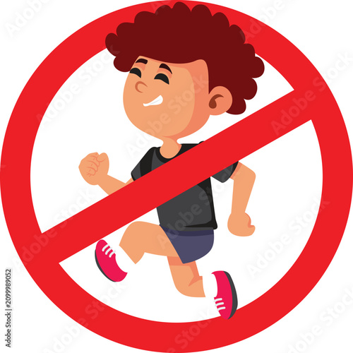 Red No Running Warning Sign Graphic With Child Silhouette Symbol. Outdoor circular prohibition traffic notice restricts fast motion inside a safety zone. 