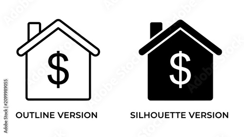 House with Dollar Sign Icon: A simple yet effective graphic representing the financial aspect of housing, with both outline and silhouette versions of a house featuring a prominent dollar sign inside.