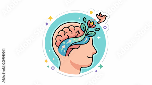 A colorful illustration of a human head in profile with a brain and a plant growing out of it