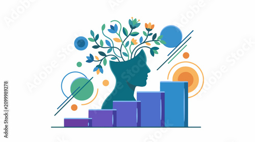 A colorful illustration of a human head with plants growing out of it surrounded by abstract shapes and bars