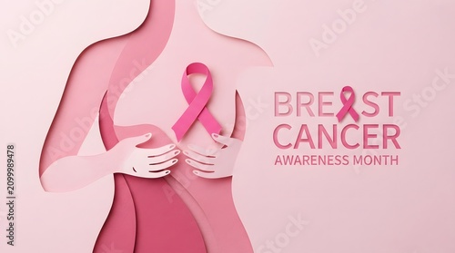 Breast cancer awareness month pink ribbon female silhouette support hope prevention