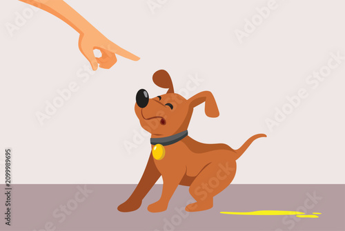 Naughty Puppy Peeing On Floor While Owner Points Angry Finger. Upset master scolds his disobedient domestic dog inside a dirty room