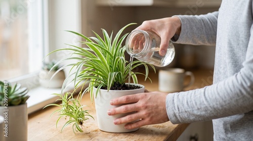 person watering a spider plant.