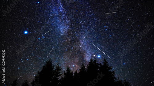 Milky way stars and constellations with landscape silhouettes photographed from a dark countryside location.