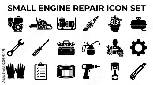 Foto A collection of black vector icons representing small engine repair, maintenance tools, and mechanical parts