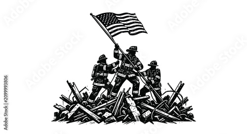 Firefighters Raising American Flag Black Silhouette On White Background