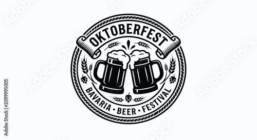 Oktoberfest vector illustration with beer mugs wheat and decorative border