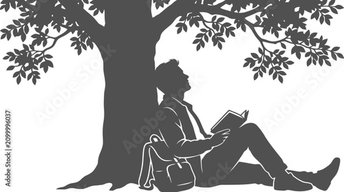 Tableau sur toile Silhouette of young man sitting under shady tree reading book with backpack near