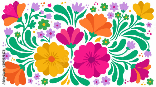 Cuadro en lienzo Vibrant Mexican Folk Art Floral Pattern with Colorful Flowers and Leaves