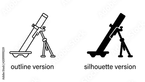 Фотография Mortar weapon icon: A set of two mortar weapon icons, one in outline and the other in silhouette, representing military artillery