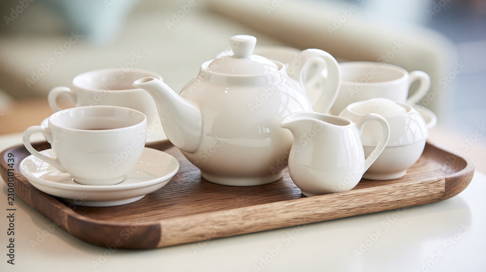 Fototapeta premium An elegant porcelain tea set arranged neatly on a wooden tray.