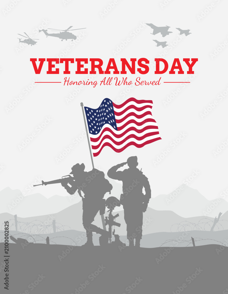 Fototapeta premium Veteran's day silhouette vector illustration with american flag and soldiers.