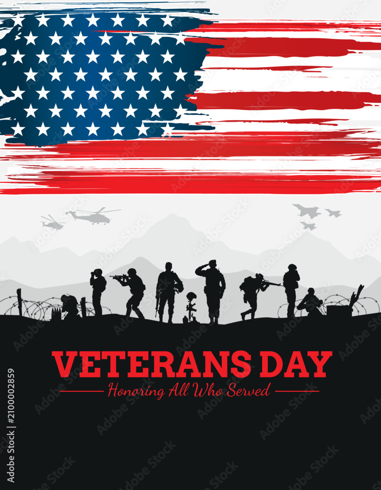 Fototapeta premium Veteran's day silhouette vector illustration with american flag and soldiers.