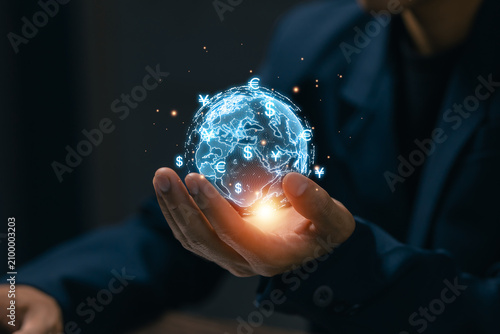 фотографія Global currency exchange concept with digital world globe and international finance symbols, representing foreign exchange, global economy, cross border payments and financial technology