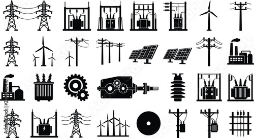 Obraz na płótnie Electrical Power Generation Silhouette Icons of Energy Infrastructure and Renewa
