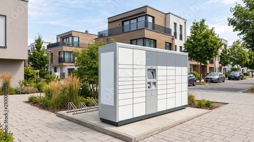 Parcel locker station in a modern neighborhood. Automated delivery kiosk for online orders.