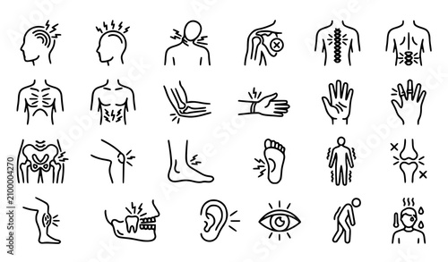 Bild auf Leinwand Pain point icons body aches discomfort and illness line art collection