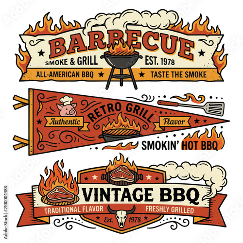 Vintage Barbecue Smoke Grill Retro Design Elements