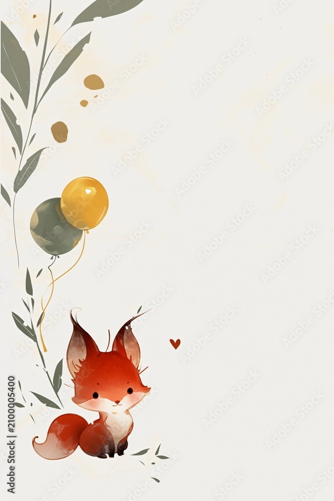 Fototapeta premium Cute fox with orange balloon for greeting card. Cartoon animal illustration with leaf and heart for birthday poster or nursery wall art. Creative artistic print for room decoration.