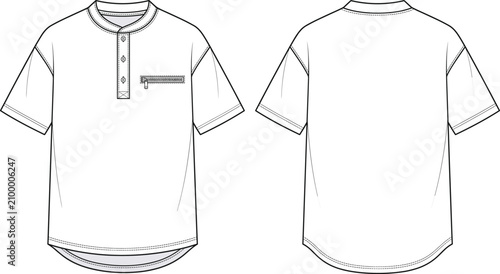 Men short sleeve henley t shirt flat fashion technical sketch template front and back view