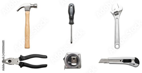 collection of basic hand tools including hammer screwdriver and wrench isolated on transparent background