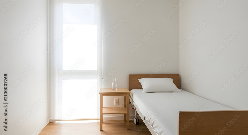 Fototapeta premium Single wooden bed with white sheets and bedside table in a bright minimalist room.
