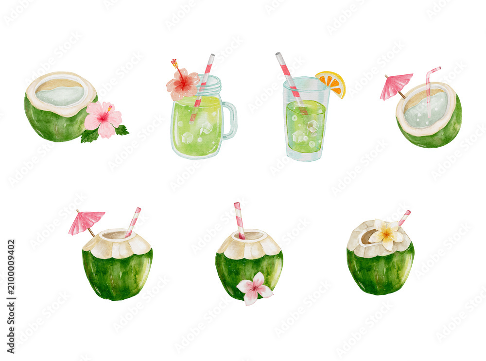 Fototapeta premium A collection of hand-painted watercolor coconut drink illustrations featuring fresh green coconuts, tropical beverages, fruit garnishes, flowers, straws, and summer refreshment elements.