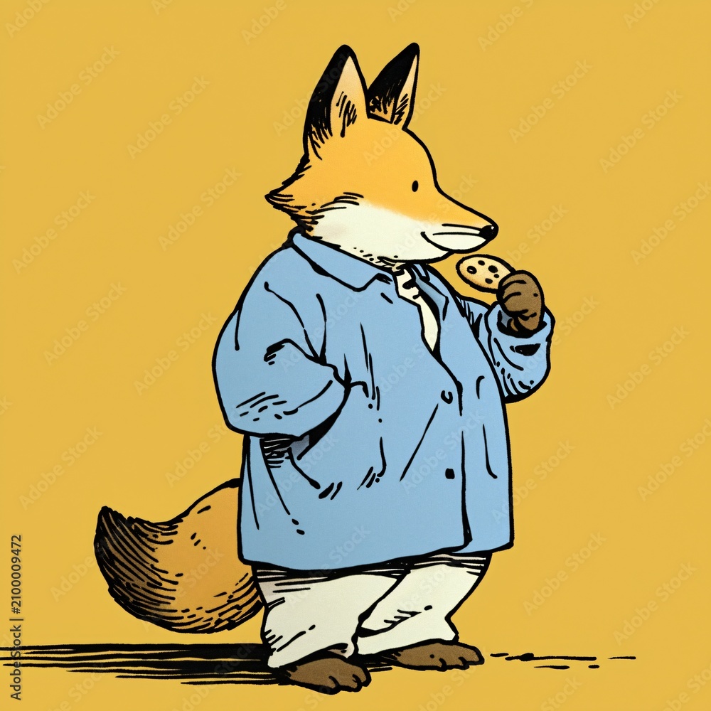 Fototapeta premium Cute fox wearing a blue lab coat holding a cookie. Whimsical animal character illustration in comic style for sticker, poster and greeting card. Hand drawn animal storybook mascot graphic.