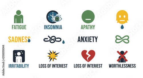 Clean vector icons depicting psychological states like fatigue, insomnia, apathy, sadness, anxiety, irritability, loss of interest, and worthlessness in a modern, minimalist style