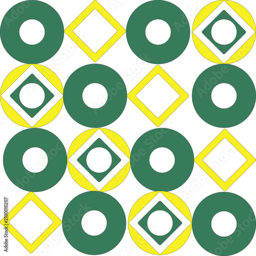 Seamless Green and Yellow Geometric Pattern with Circular and Diamond Shapes Minimal Vector Background
