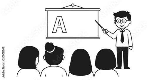 Teacher pointing at whiteboard during lesson for students