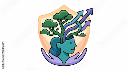 A colorful illustration of a person's head with trees growing out of it surrounded by hands and arrows
