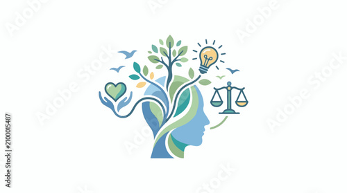 A stylized profile of a head with a tree growing out of it symbolizing growth and harmony with nature