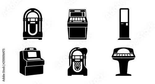Vintage jukebox and arcade machine icons, 6 retro gaming vector set, music player signs